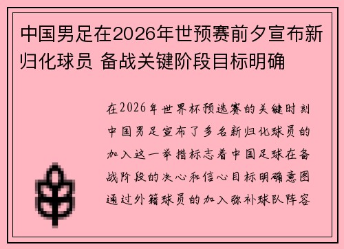 中国男足在2026年世预赛前夕宣布新归化球员 备战关键阶段目标明确