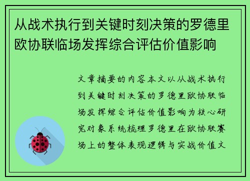 从战术执行到关键时刻决策的罗德里欧协联临场发挥综合评估价值影响